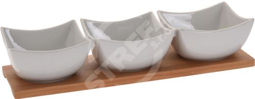 4-częściowy zestaw misek do serwowania (1x bambusowa taca 30x10cm + 3x porcelanowa miska 9,5x5,5cm)